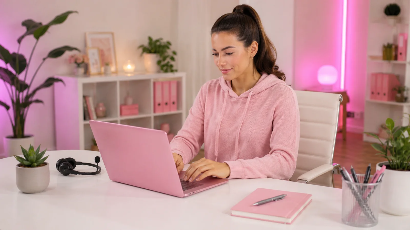 ChatRecruit help team member working at a laptop in a pink office